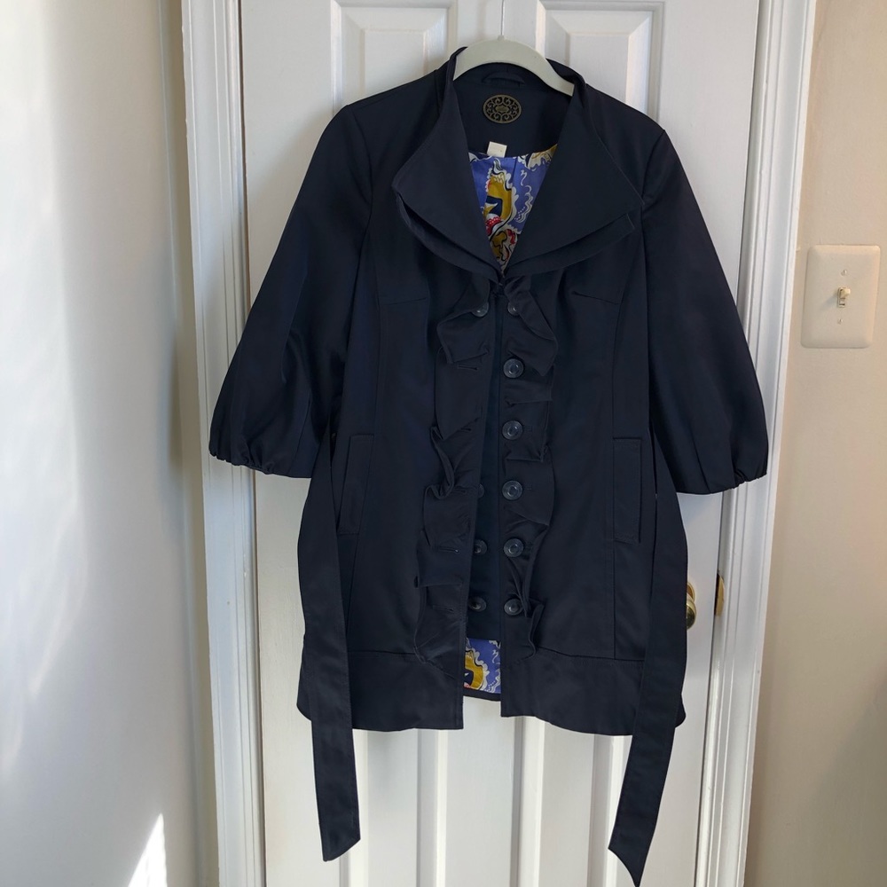 Anthropologie Idra Ruffle Trench Coat- Navy size 2